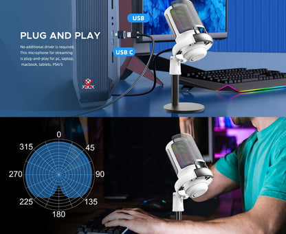 USB RGB Condenser Microphone with Gain, Touch Mute and Monitoring