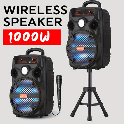 [Portable, BT/TF/TWS/USB/AUX] 1000W Rechargeable Outdoor Wireless Speaker Portable PA System W/ 8" Subwoofer, LED Lights, BT/TF/TWS/USB/AUX, Includes Microphone And Stand, Perfect for Party, Camping, Beach