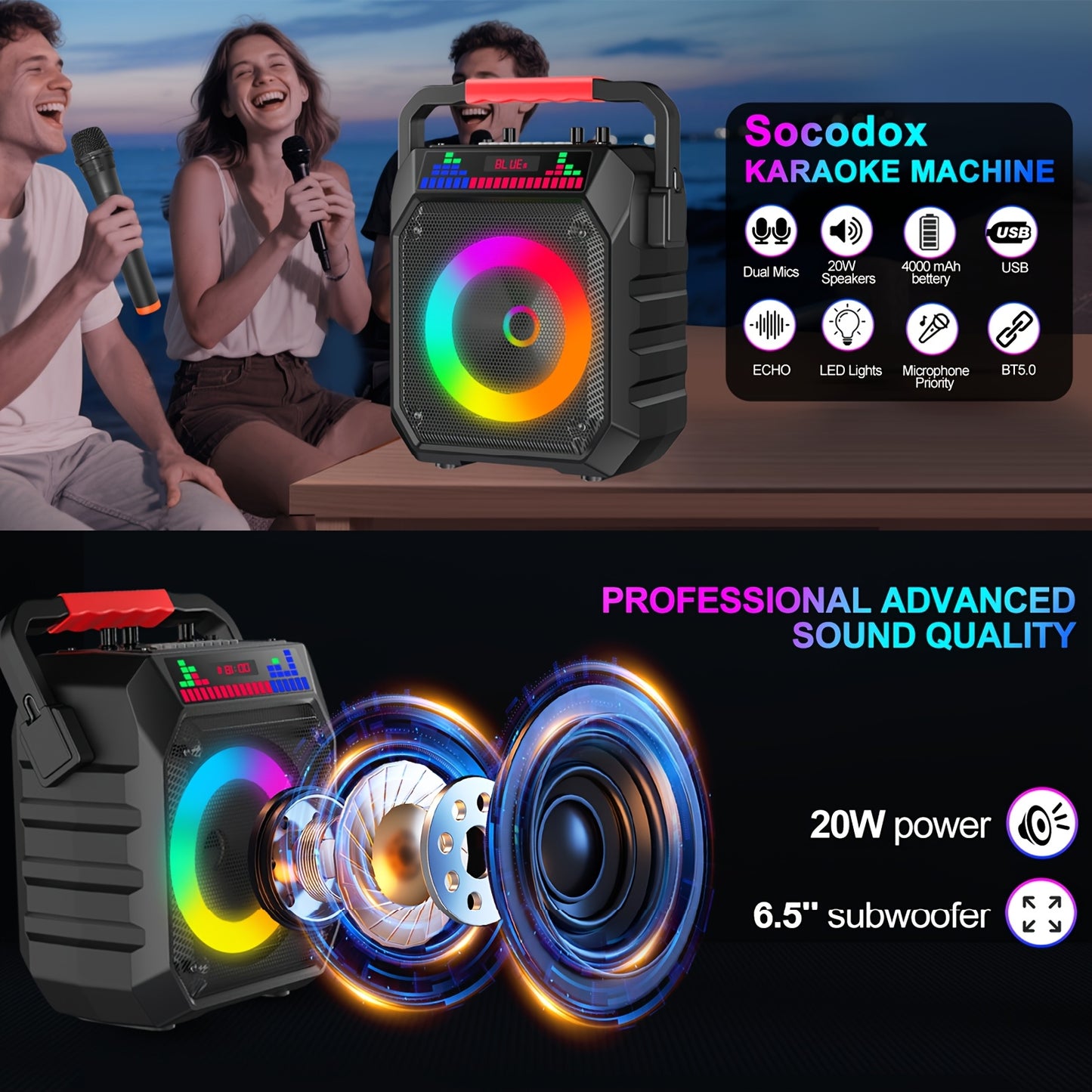 Portable Karaoke System Featuring a Wireless Speaker And Two Microphones, Suitable for Both Adults And Children. It Includes Lights And an Autotune DSP Chip, And Supports TWS, TF Card, USB, AUX, And Live Functions, Making It Perfect for Home Parties