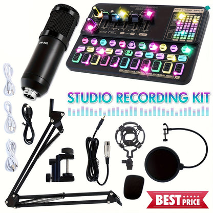 Podcast Equipment Bundle, BM-800 Recording Studio Package with Voice Changer, Live Sound Card - Audio Interface for Laptop Computer Vlog Living Broadcast Live Streaming [V8S for 1/2/V8/V8K for 1/2/F998/M6/V10X Pro], Includes Complimentary Earphones