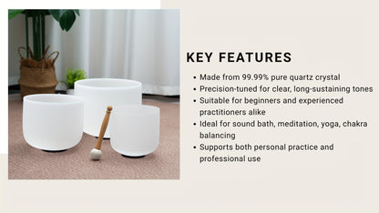 Quartz Crystal Singing Bowl Set, 7 to 11-Inch Three-Bowl Set with Case