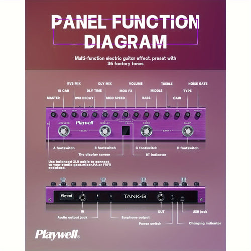 Playwell Multi Effects Guitar Pedal TANK-G, Digital Electric Guitar Effector With 36 Editable Presets, Chorus, Delay, Reverb, MOD, IR Loading, Recording, Tuner, Built-in Battery, BT Connection