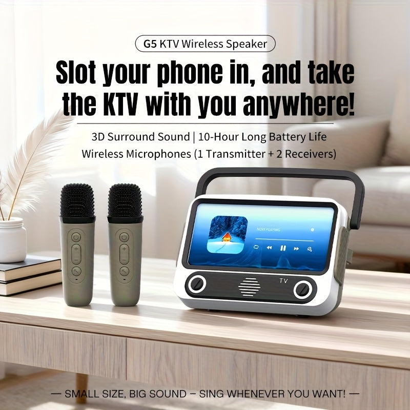 Portable Karaoke Machine with 2 Wireless Microphones & Wireless Speaker System, FM Radio, USB-C Charging, Phone Stand Compatibility - Compact Party Sound System for, Travel, Birthdays, Bars - Compatible with Smartphones/Tablets (No