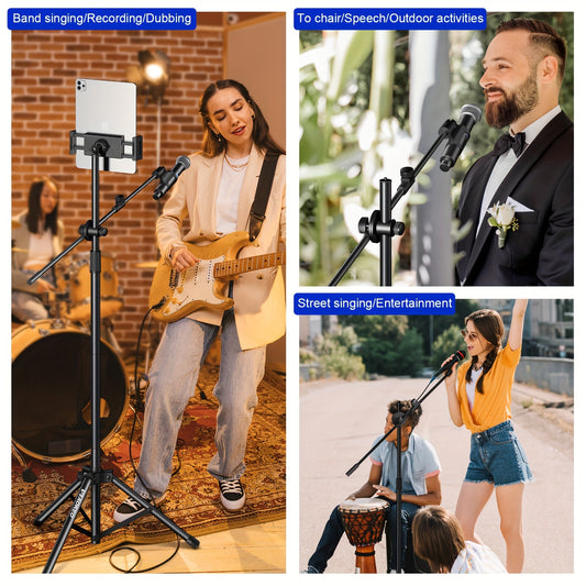 AOKEO tripod microphone stand with boom arm, floor standing microphone stand with portable bag and microphone clip for outdoor singing, performance, wedding stage, and microphone stand