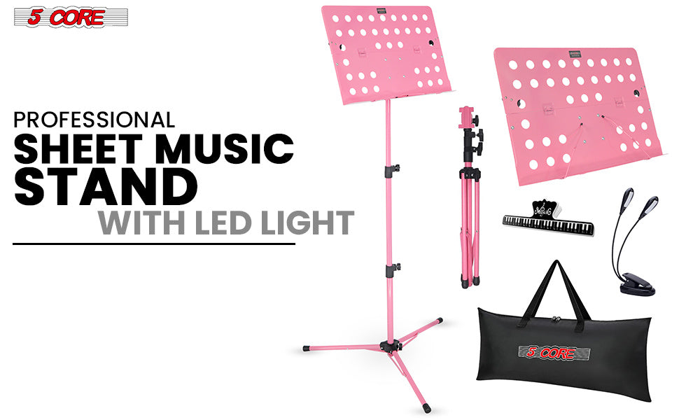 5 Core Music Stand Height Adjustable Desktop Book Stands Portable Sheet Holder All Metal Bookstand Foldable Atril Para Partituras w Carrying Bag Light & Clip Pink - MUS FLD HD ACC PNK
