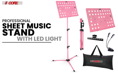 5 Core Music Stand Height Adjustable Desktop Book Stands Portable Sheet Holder All Metal Bookstand Foldable Atril Para Partituras w Carrying Bag Light & Clip Pink - MUS FLD HD ACC PNK