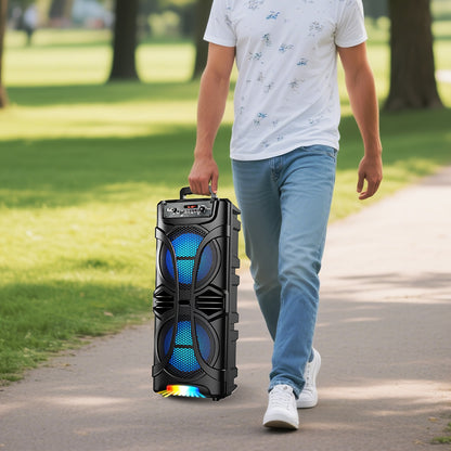 Portable Wireless PA Speaker System - Rechargeable Outdoor Wireless Speaker Portable PA System W/ Dual 8" Subwoofer, Microphone In, Volume Controls, Party Lights, USB/TF/BT/AUX/FM/TWS
