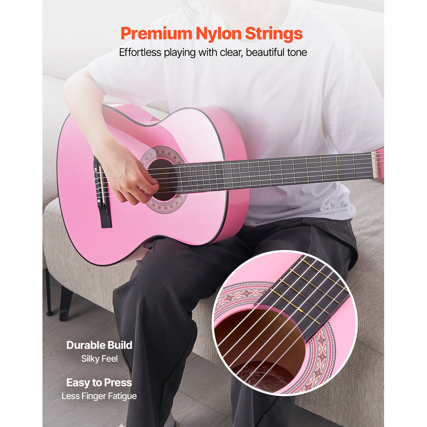 VEVOR Classical Guitar 38 in Guitar Beginner Starter Kit Nylon Strings Black/Natural Color/Blue/Pink/Sunrise Color