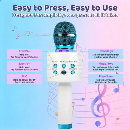 Wireless Karaoke Microphone Speaker with LED Lights And Fun Voice Changer - Portable Singing Mic for Outdoor Parties And Family Gatherings, Stereo Home Karaoke for Travel, Car, And Camping - Fun Summer Party Accessory, Birthday Gift
