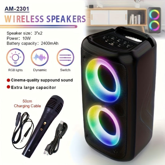 Karaoke Party Speaker Wireless Portable Speaker Supports TF Card/Usb/Aux Input Wireless Speaker TWS Interconnected Home Speaker RGB Colorful Atmosphere Light Subspeaker Equipped with Microphone Stage Sound System