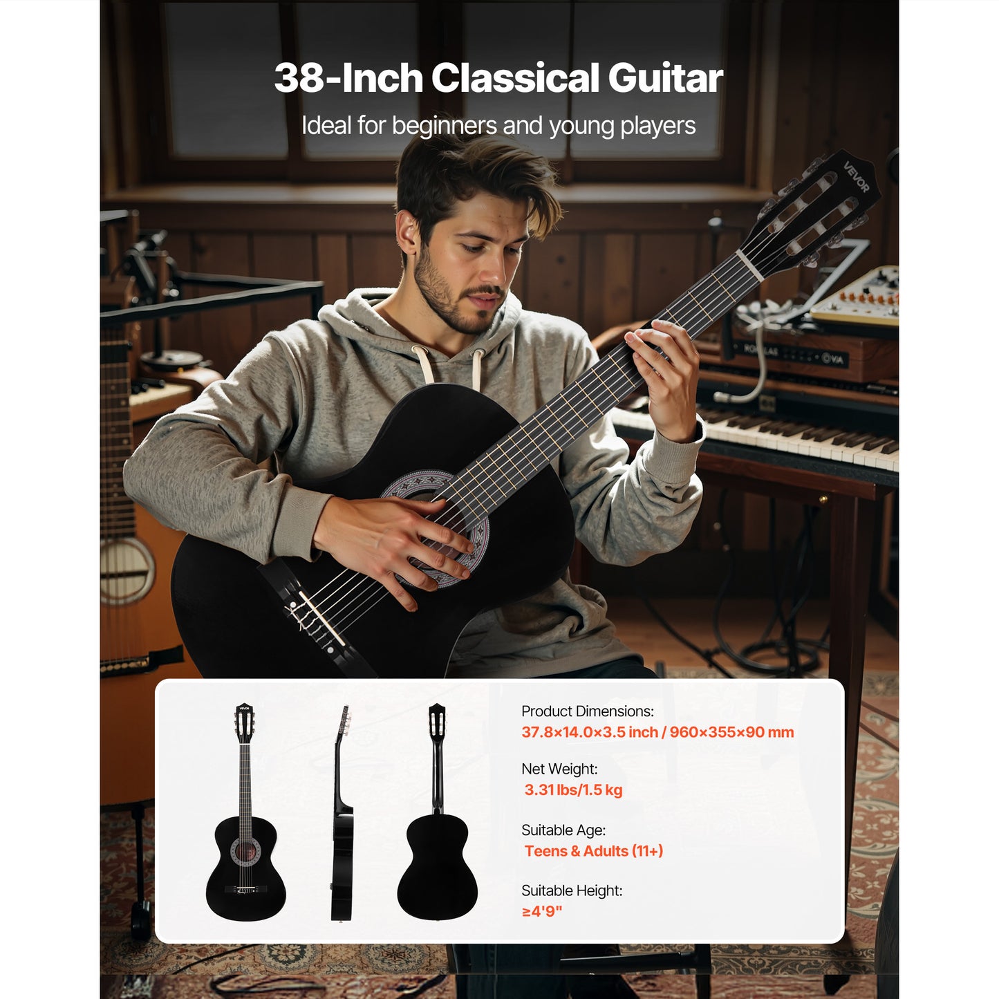 VEVOR Classical Guitar 38 in Guitar Beginner Starter Kit Nylon Strings Black/Natural Color/Blue/Pink/Sunrise Color