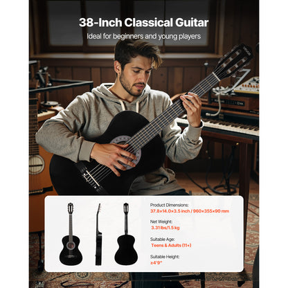 VEVOR Classical Guitar 38 in Guitar Beginner Starter Kit Nylon Strings Black/Natural Color/Blue/Pink/Sunrise Color