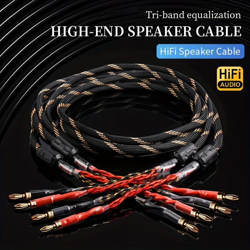YYAUDlO Premium HlFi Speaker Cables - 1 Pair, High-End OCC Composite Cables for Hi-Fi Systems & Banana Plug Speakers, Black with Red/White Stripes, Male to Male Connector, Imported U. S. Hifi Speaker Cable, Sound System Wiring, Home Audio Setup, Sleek Des