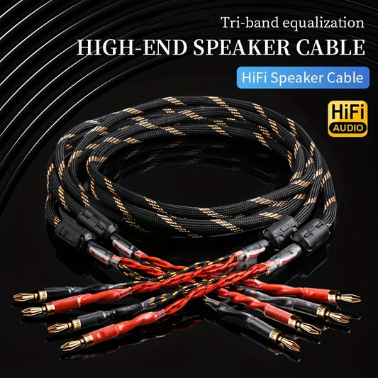 YYAUDlO Premium HlFi Speaker Cables - 1 Pair, High-End OCC Composite Cables for Hi-Fi Systems & Banana Plug Speakers, Black with Red/White Stripes, Male to Male Connector, Imported U. S. Hifi Speaker Cable, Sound System Wiring, Home Audio Setup, Sleek Des