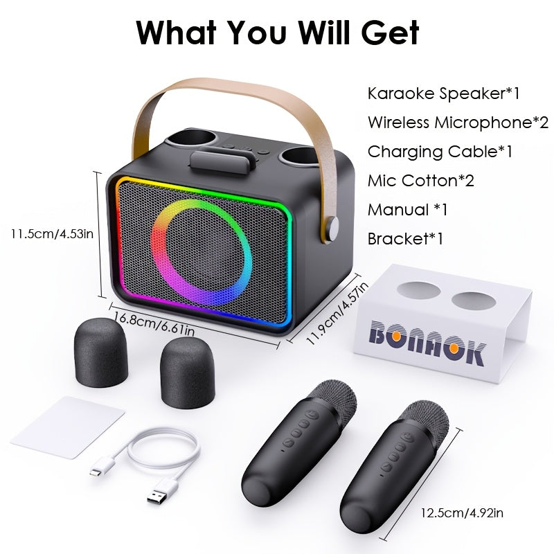 Karaoke Machine with 2 Microphones, Wireless Speaker for Singing, Party Portable PA System with LED Lights, Support USB/TF/AUX, Sleek Modern Design | Easy Control Buttons- Great for Family Gatherings, Outdoor Picnics, Birthday Gifts, Christmas Gifts.