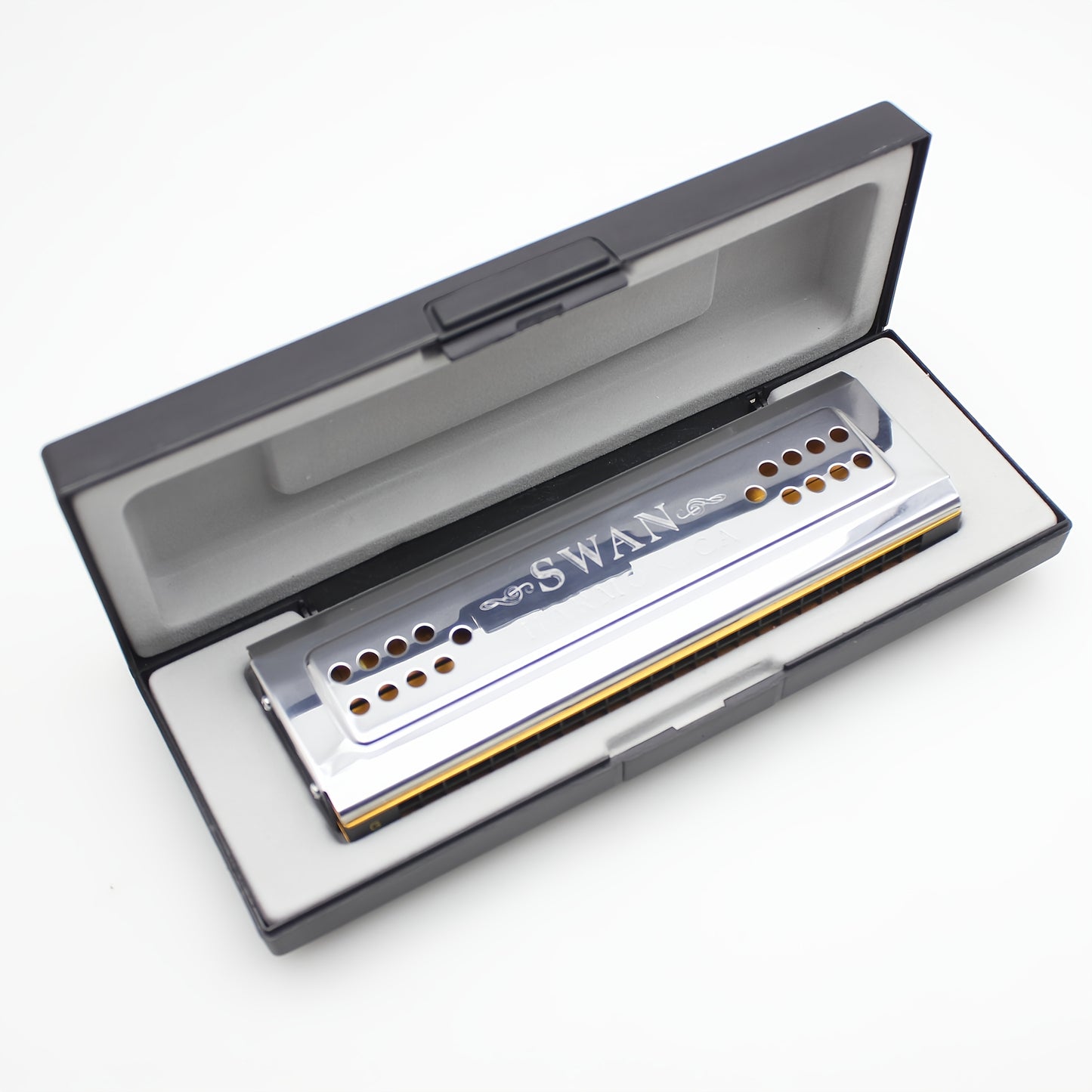 Swan 24-Hole C&G Tuned Diatonic Harmonica, Double-sided Metal with Polished Finish, Includes Cleaning Cloth and Box (Cleaning Cloth Color May Vary) - Swan Harmonica for Beginners and Professionals