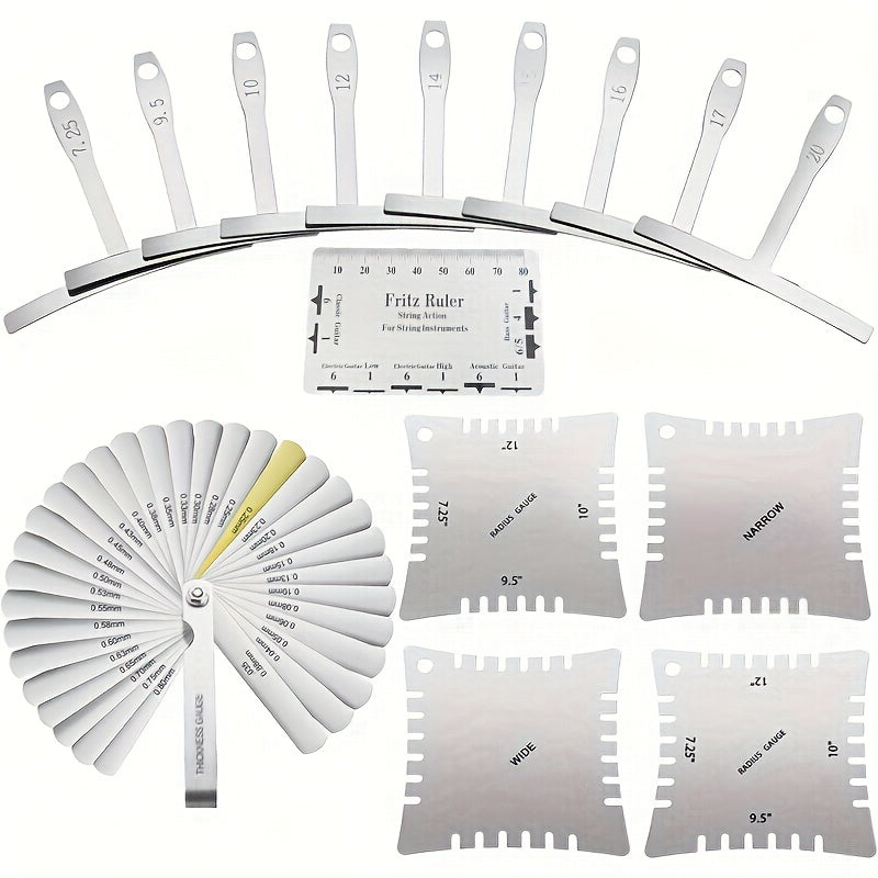 15pcs Professional Guitar & Bass Luthier Kit - Complete Setup Kit with Stainless Radius Gauges (7.25"/9.5"/10"/12"/14"/15"/16"/20"), String Action Ruler & 32-Blade Feeler Gauge for acoustic/ Guitar Maintenance