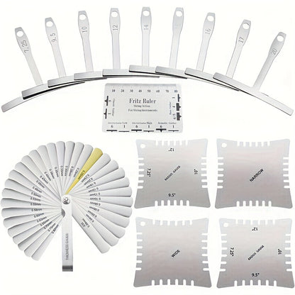 15pcs Professional Guitar & Bass Luthier Kit - Complete Setup Kit with Stainless Radius Gauges (7.25"/9.5"/10"/12"/14"/15"/16"/20"), String Action Ruler & 32-Blade Feeler Gauge for acoustic/ Guitar Maintenance