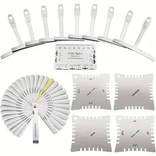15pcs Professional Guitar & Bass Luthier Kit - Complete Setup Kit with Stainless Radius Gauges (7.25"/9.5"/10"/12"/14"/15"/16"/20"), String Action Ruler & 32-Blade Feeler Gauge for acoustic/ Guitar Maintenance