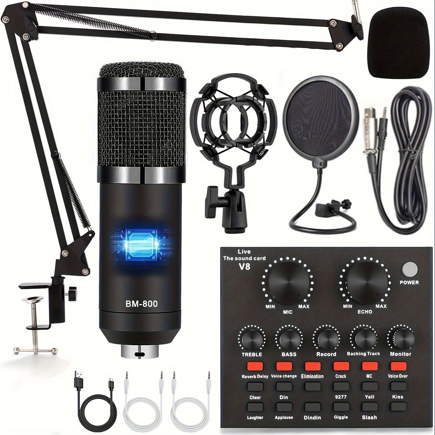 Podcast Equipment Set, Wired Microphone, BM800 Podcast Condenser Microphone And V8 Sound Card, Voice Changer-audio Interface - Suitable for Recording, Singing, Streaming Media And Games.