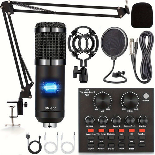 Podcast Equipment Set, Wired Microphone, BM800 Podcast Condenser Microphone And V8 Sound Card, Voice Changer-audio Interface - Suitable for Recording, Singing, Streaming Media And Games.