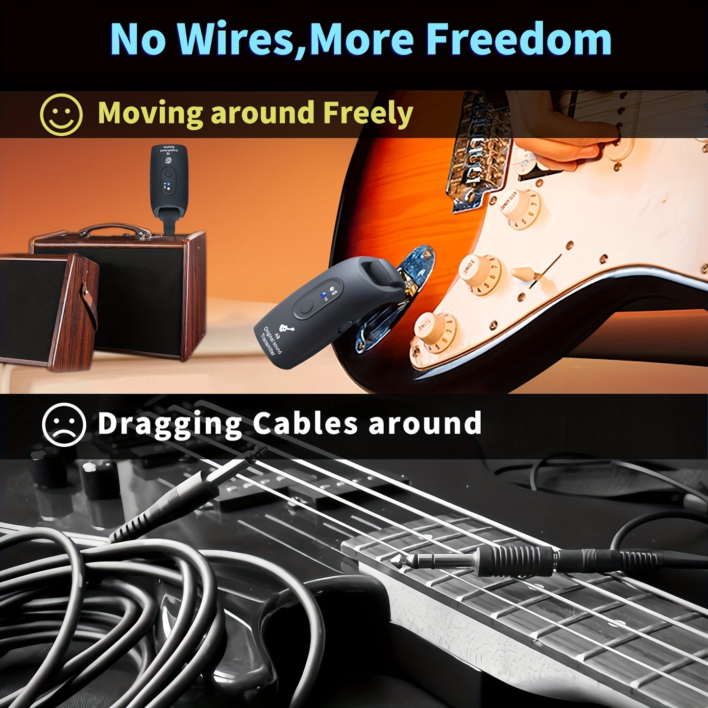 Wireless Guitar System 2.4GHz Built-in Rechargeable Lithium Battery 270°Rotatable Audio Wireless Transmitter Receiver for Acoustic Guitar Bass Violin Keyboard Electric Instruments, A9