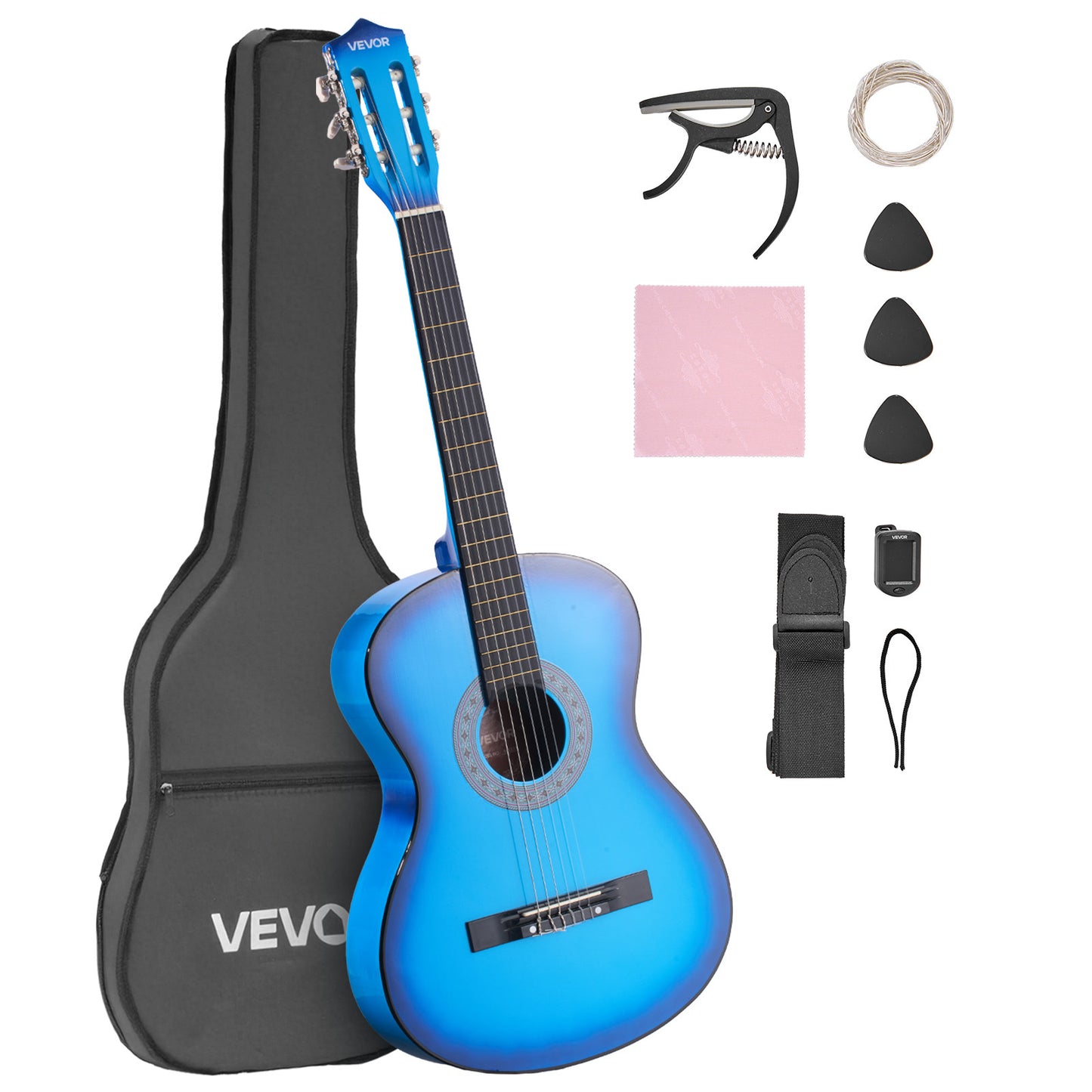 VEVOR Classical Guitar 38 in Guitar Beginner Starter Kit Nylon Strings Black/Natural Color/Blue/Pink/Sunrise Color