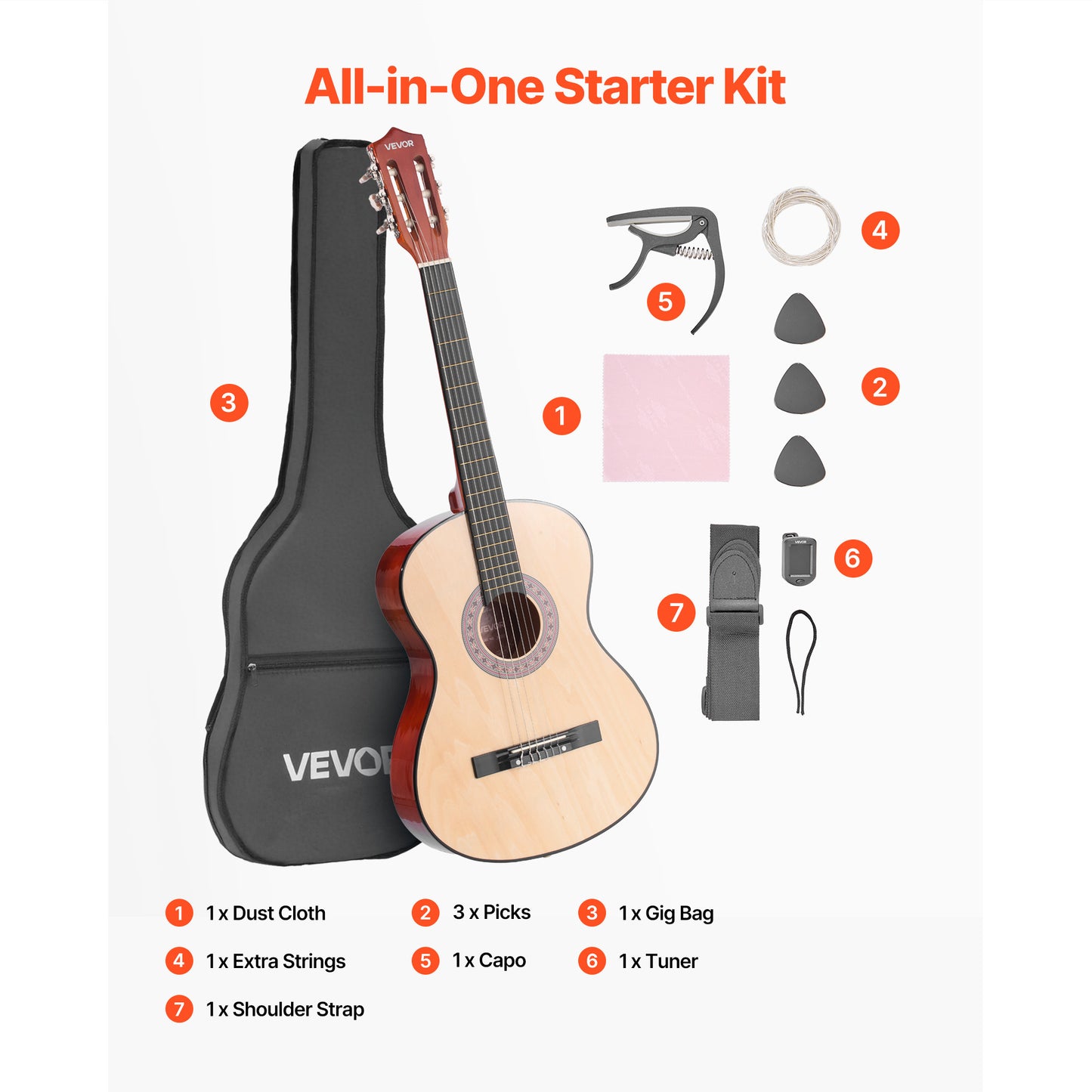 VEVOR Classical Guitar 38 in Guitar Beginner Starter Kit Nylon Strings Black/Natural Color/Blue/Pink/Sunrise Color