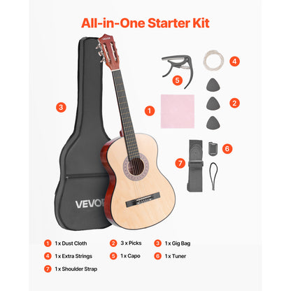 VEVOR Classical Guitar 38 in Guitar Beginner Starter Kit Nylon Strings Black/Natural Color/Blue/Pink/Sunrise Color