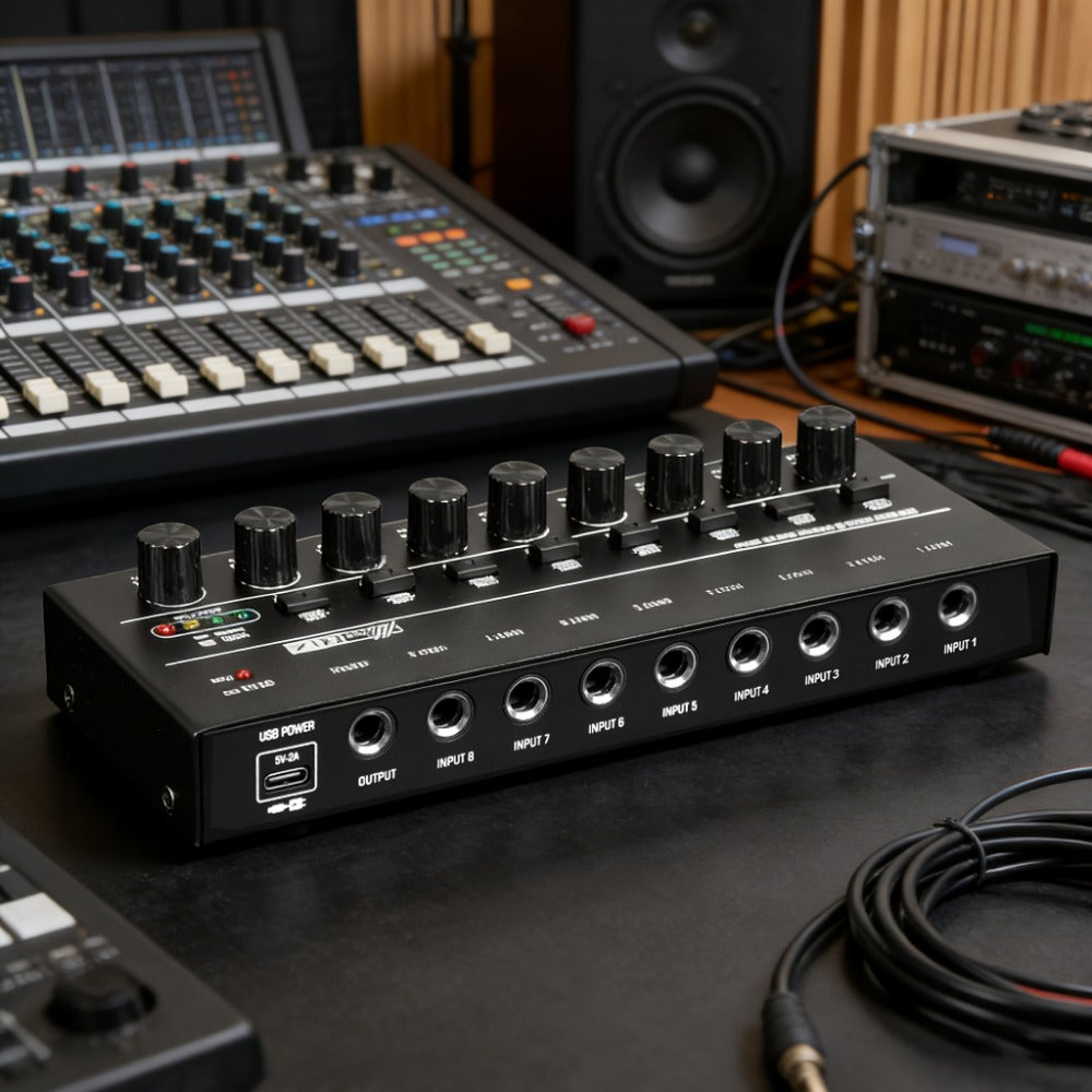 Compact 4/6/8-Channel Stereo Audio Mixer with USB-C Power and Level Controls