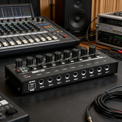Compact 4/6/8-Channel Stereo Audio Mixer with USB-C Power and Level Controls