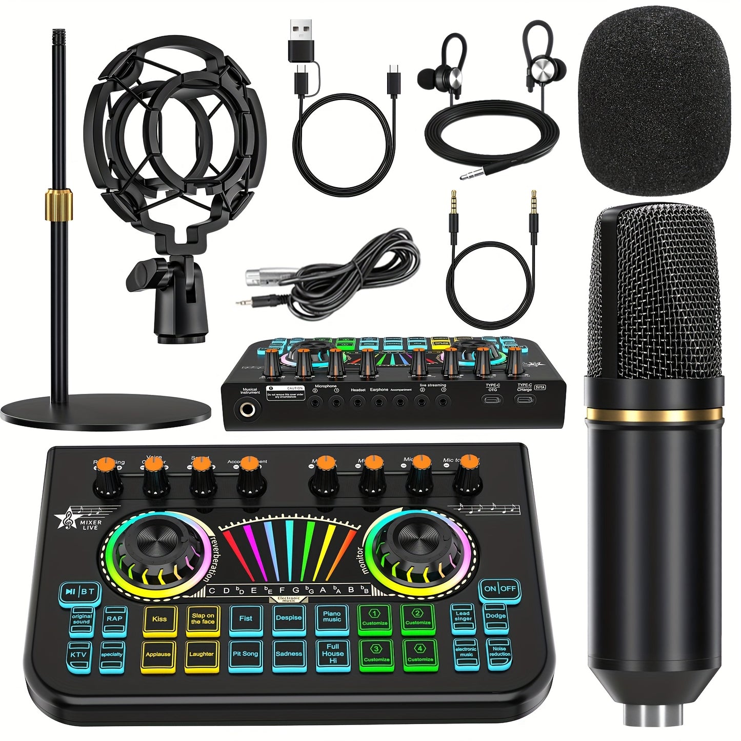 Professional Podcast Dj Equipment Bundle Kit Live Sound Card Audio Mixer for Console Recording Microfono Stand, Music Studio Full Setup Estudio De Musical Streaming for Pc Phone Gaming Karaoke Machine with 2 Microphone Para Grabar Contenido