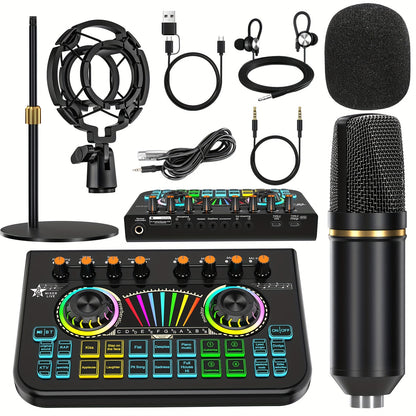 Professional Podcast Dj Equipment Bundle Kit Live Sound Card Audio Mixer for Console Recording Microfono Stand, Music Studio Full Setup Estudio De Musical Streaming for Pc Phone Gaming Karaoke Machine with 2 Microphone Para Grabar Contenido