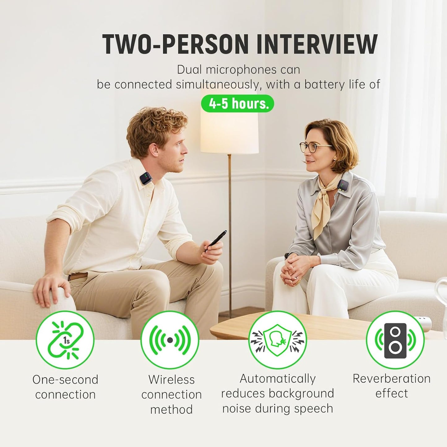 4-In-1 Mini Mic Wireless Lavalier Microphone System Clip-On Microphone for Iphone, Android, 48H Battery with Reverb & Mute Function, Video Recording, Vlogs, Live Streaming - Clear Audio Quality Microphone