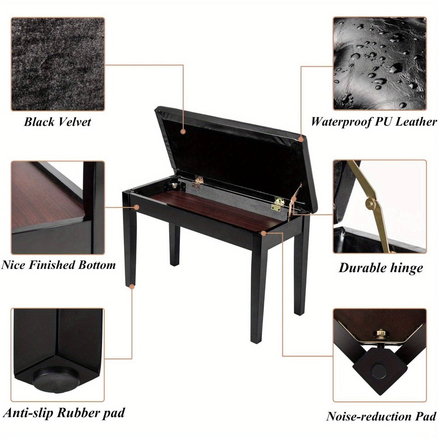 Bonnlo Wooden Double/ Duet Piano Bench with Storage and Thick Cushion Faux Leather Padded Piano Stool Artist Duet Seat- Black/ Brown Piano Chair