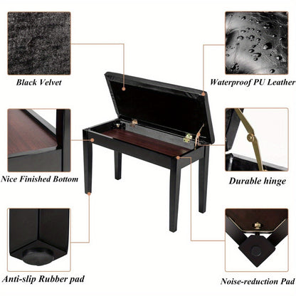 Bonnlo Wooden Double/ Duet Piano Bench with Storage and Thick Cushion Faux Leather Padded Piano Stool Artist Duet Seat- Black/ Brown Piano Chair