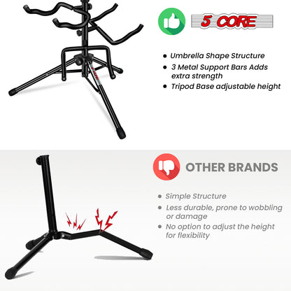 5 Core Guitar Stand Adjustable Triple Guitars Stands Floor w Neck Holder Universal Supports for Acoustic Electric Classic Bass Instrument Folding Portable Black - GSH 3N1