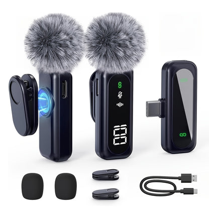 Professional Wireless Lavalier Microphone with Digital Battery Display, Feather Windshield, 360° Omnidirectional, USB-C Connector, 100ft Range, 2.4G Wireless Function, DSP Chip Professional Noise Reduction, Rotatable Magnetic Clip, Microfono Para