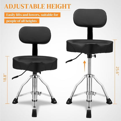 Drum Throne with Backrest, Hydraulic Drum Stool Adjustable Height, Heavy Duty Hydraulic Drum Seat Saddle Design for Drummers Black