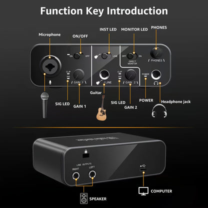[USB Audio Interface] USB Audio Interface Mic Preamps with USB C Cable Adapter 48V Phantom Power 24 Bit Support Smartphone, Tablet, PC Recording