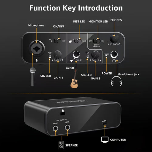 [USB Audio Interface] USB Audio Interface Mic Preamps with USB C Cable Adapter 48V Phantom Power 24 Bit Support Smartphone, Tablet, PC Recording