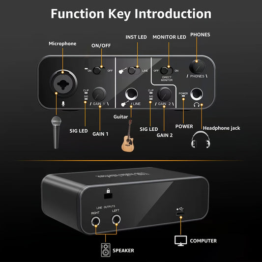 [USB Audio Interface] USB Audio Interface Mic Preamps with USB C Cable Adapter 48V Phantom Power 24 Bit Support Smartphone, Tablet, PC Recording