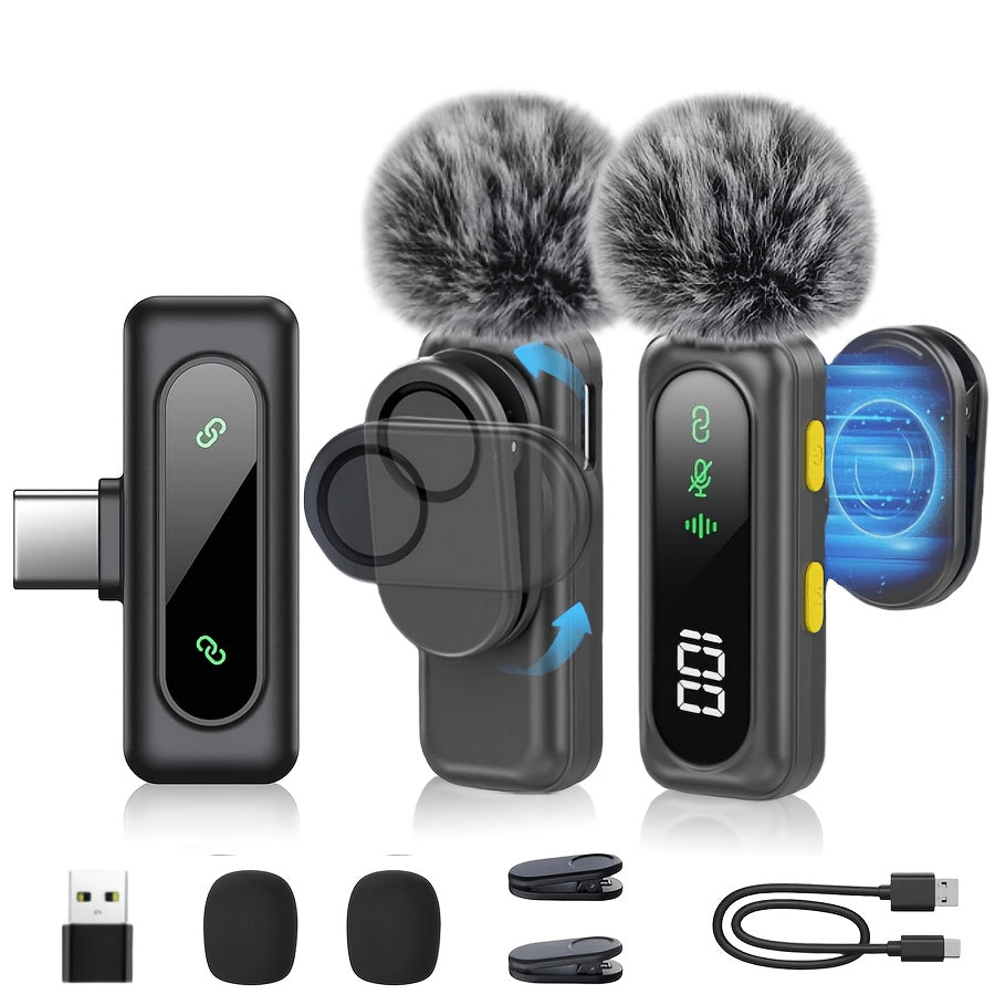 Professional Wireless Lavalier Microphone with Digital Battery Display, Feather Windshield, 360° Omnidirectional, USB-C Connector, 100ft Range, 2.4G Wireless Function, DSP Chip Professional Noise Reduction, Rotatable Magnetic Clip, Microfono Para