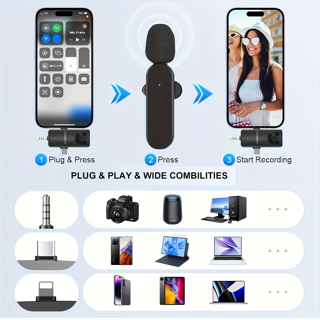 Lewinner Wireless Lavalier Microphone, Includes Windproof Foam Cover, Clip-on Microphone, Wireless Microphone for Vlogging, Suitable for iPhone, Android Phones, Computers, Cameras