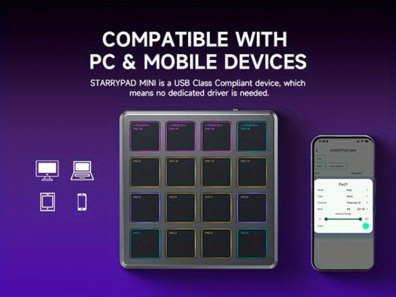 Donner Starrypad Mini MIDI Controller with 16 RGB Pads and Wireless