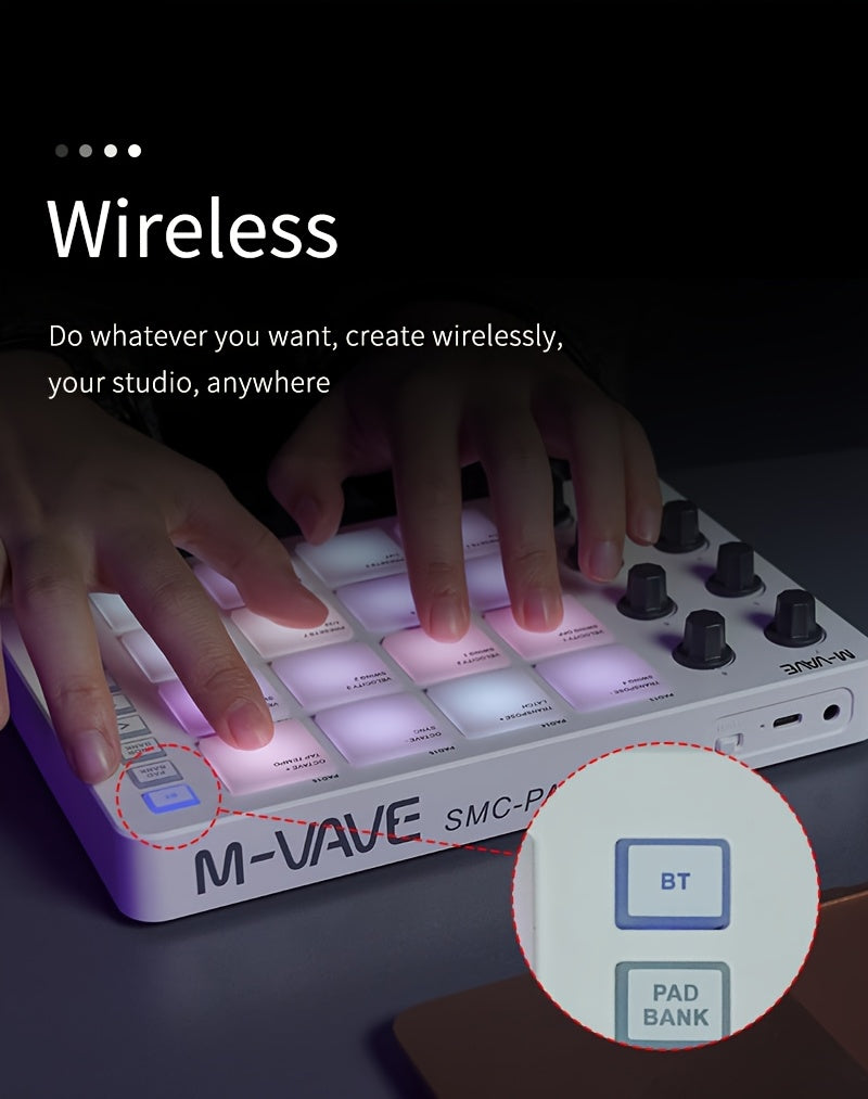 Wireless MIDI Controller, M-VAVE Portable MIDI Pad with 16 Drum Pads And 8 Knobs - USB Powered, Rechargeable 2000Mah Lithium Battery, Programmable Keyboard for Music Creation