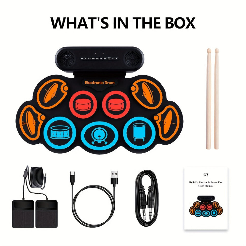 Electronic Drum Set, 9-Pads Roll-Up Electric Drum Pad Kit with Headphone Jack 10Hrs Playtime Built-In Speaker with Drumsticks Pedals, Xmas Birthday Gift for Adults, Student, Colorful detail image - detail view 3