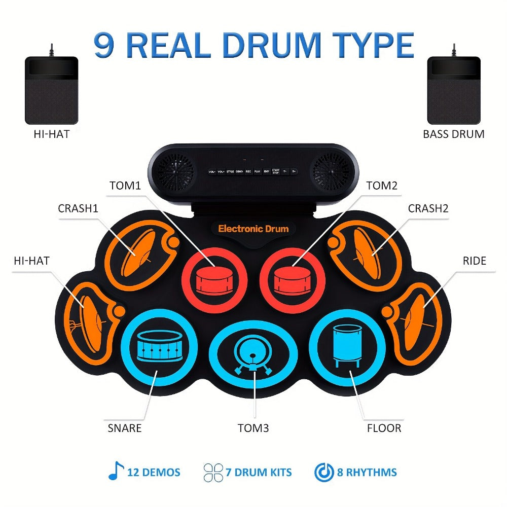 Electronic Drum Set, 9-Pads Roll-Up Electric Drum Pad Kit with Headphone Jack 10Hrs Playtime Built-In Speaker with Drumsticks Pedals, Xmas Birthday Gift for Adults, Student, Colorful detail image - detail view 5