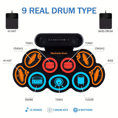 Electronic Drum Set, 9-Pads Roll-Up Electric Drum Pad Kit with Headphone Jack 10Hrs Playtime Built-In Speaker with Drumsticks Pedals, Xmas Birthday Gift for Adults, Student, Colorful detail image - detail view 5