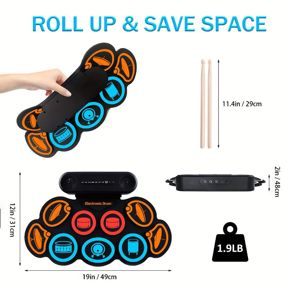 Electronic Drum Set, 9-Pads Roll-Up Electric Drum Pad Kit with Headphone Jack 10Hrs Playtime Built-In Speaker with Drumsticks Pedals, Xmas Birthday Gift for Adults, Student, Colorful detail image - detail view 8